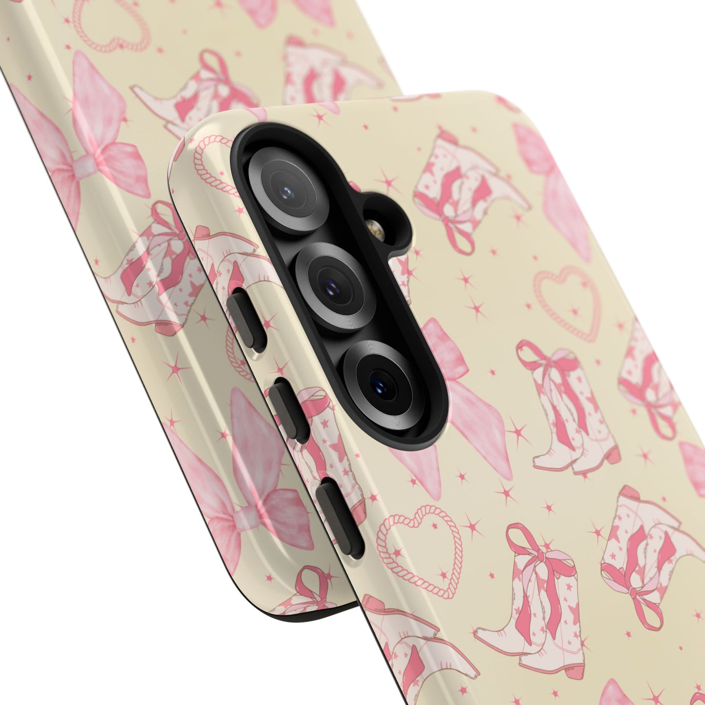 Custom Tough Protective Phone Case. Available for iPhone 8-15/X-XS, Samsung Galaxy S23-25 and Google Pixel 6-9 Coquette Pink Cowboy bow phone case