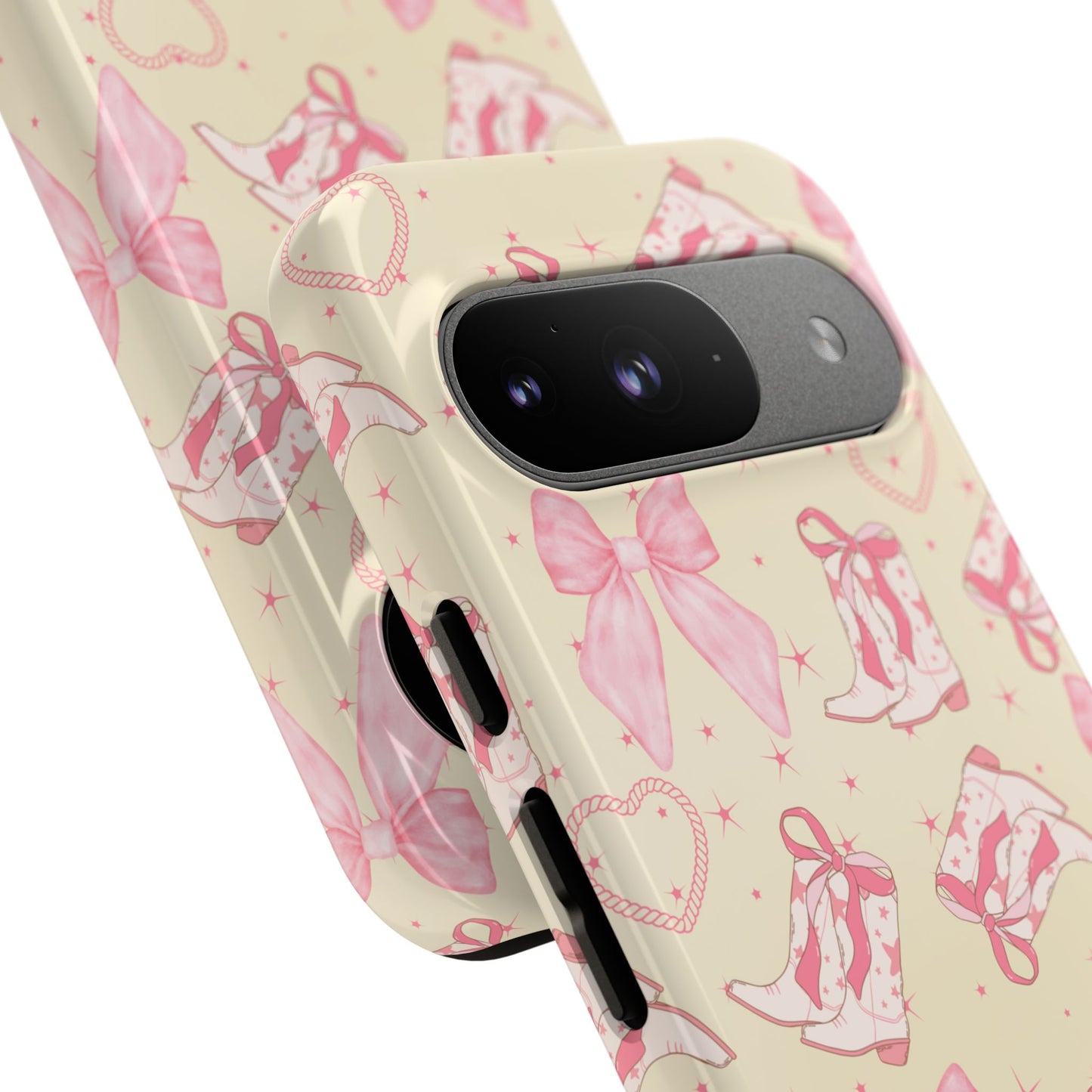 Custom Tough Protective Phone Case. Available for iPhone 8-15/X-XS, Samsung Galaxy S23-25 and Google Pixel 6-9 Coquette Pink Cowboy bow phone case