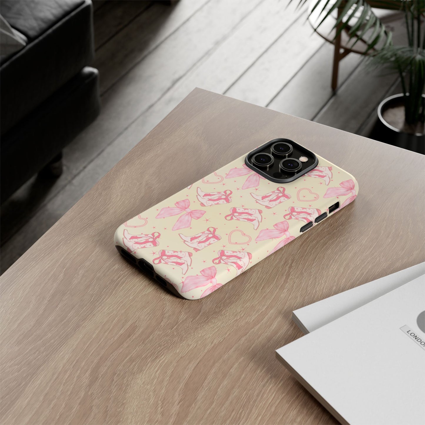 Custom Tough Protective Phone Case. Available for iPhone 8-15/X-XS, Samsung Galaxy S23-25 and Google Pixel 6-9 Coquette Pink Cowboy bow phone case