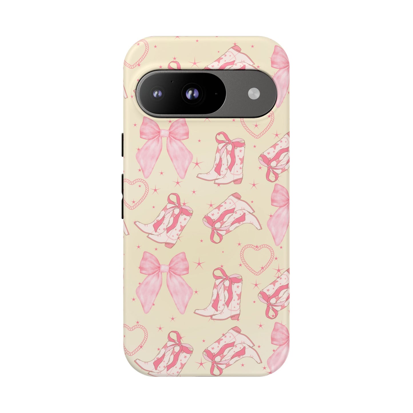 Custom Tough Protective Phone Case. Available for iPhone 8-15/X-XS, Samsung Galaxy S23-25 and Google Pixel 6-9 Coquette Pink Cowboy bow phone case
