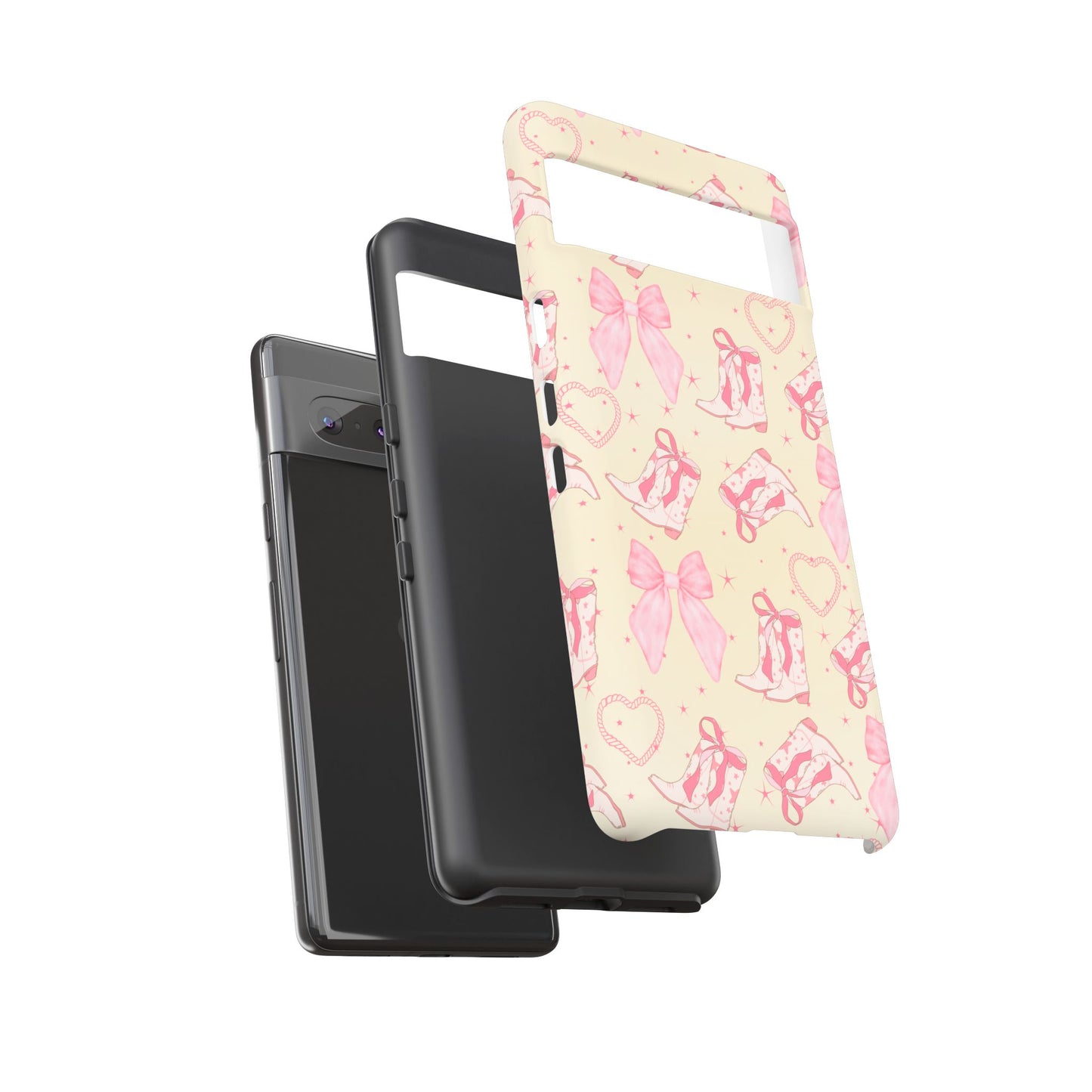 Custom Tough Protective Phone Case. Available for iPhone 8-15/X-XS, Samsung Galaxy S23-25 and Google Pixel 6-9 Coquette Pink Cowboy bow phone case
