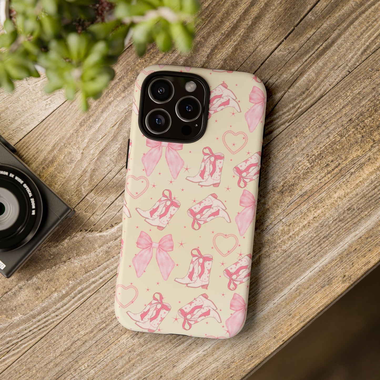 Custom Tough Protective Phone Case. Available for iPhone 8-15/X-XS, Samsung Galaxy S23-25 and Google Pixel 6-9 Coquette Pink Cowboy bow phone case