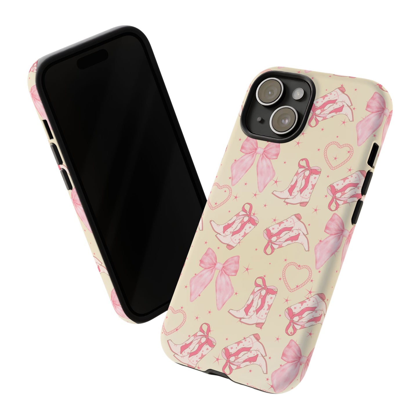Custom Tough Protective Phone Case. Available for iPhone 8-15/X-XS, Samsung Galaxy S23-25 and Google Pixel 6-9 Coquette Pink Cowboy bow phone case