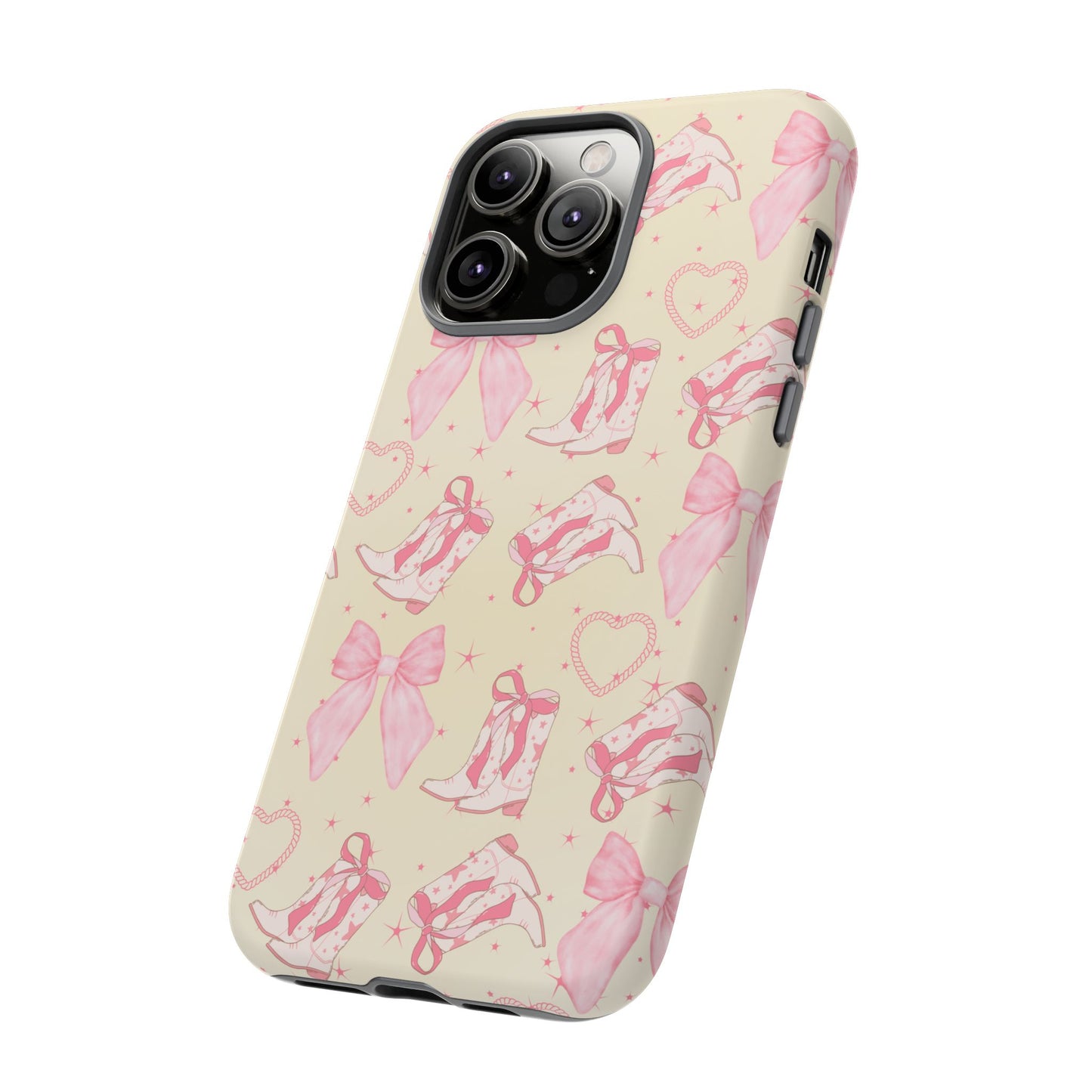 Custom Tough Protective Phone Case. Available for iPhone 8-15/X-XS, Samsung Galaxy S23-25 and Google Pixel 6-9 Coquette Pink Cowboy bow phone case