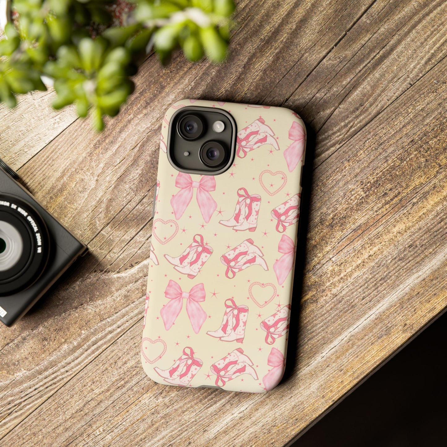 Custom Tough Protective Phone Case. Available for iPhone 8-15/X-XS, Samsung Galaxy S23-25 and Google Pixel 6-9 Coquette Pink Cowboy bow phone case