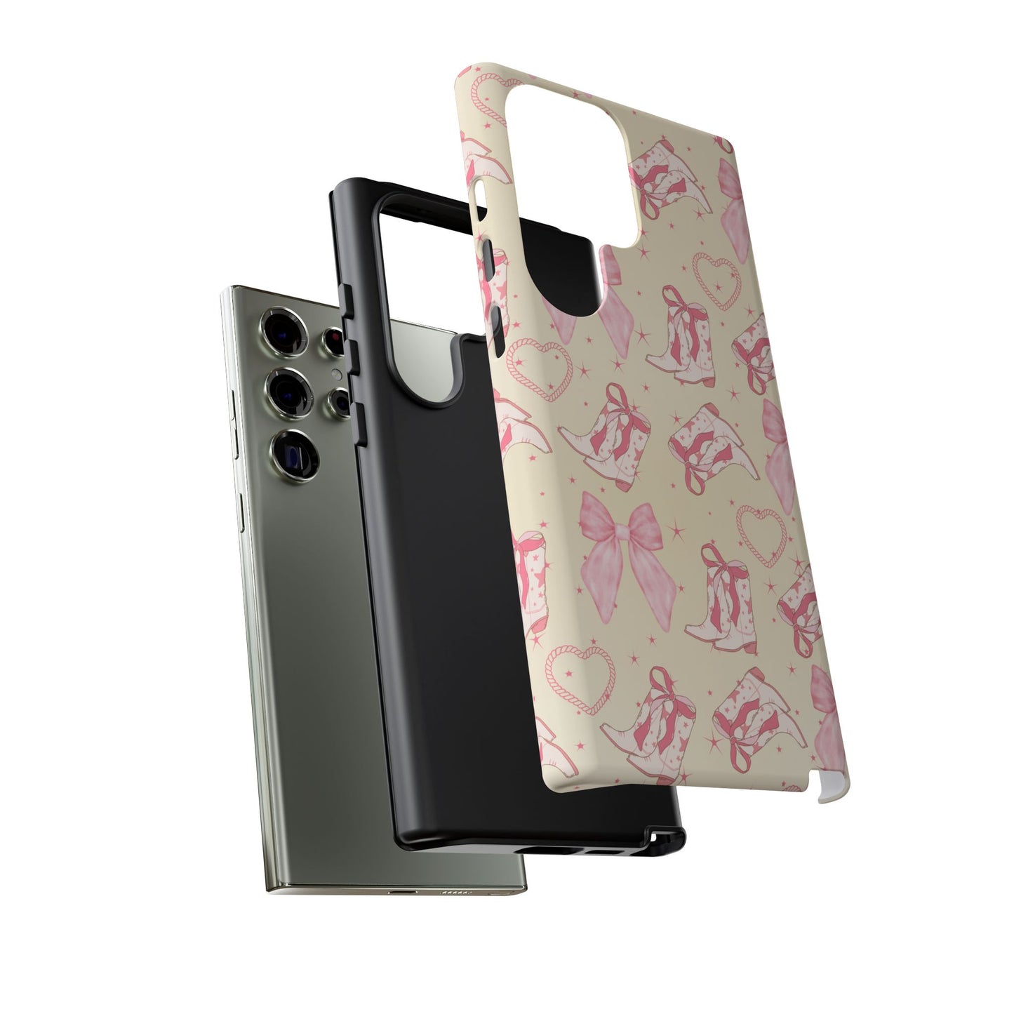 Custom Tough Protective Phone Case. Available for iPhone 8-15/X-XS, Samsung Galaxy S23-25 and Google Pixel 6-9 Coquette Pink Cowboy bow phone case