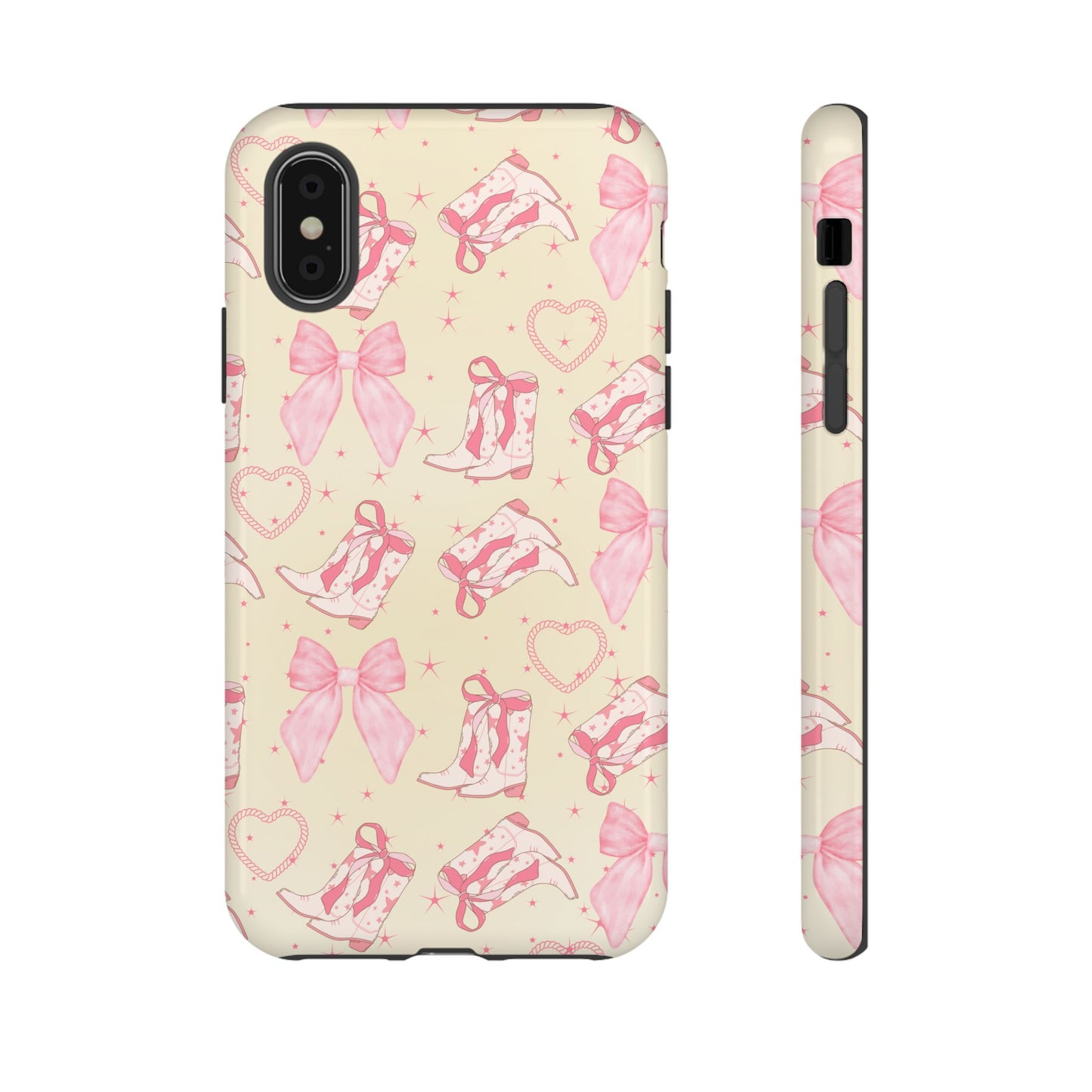 Custom Tough Protective Phone Case. Available for iPhone 8-15/X-XS, Samsung Galaxy S23-25 and Google Pixel 6-9 Coquette Pink Cowboy bow phone case