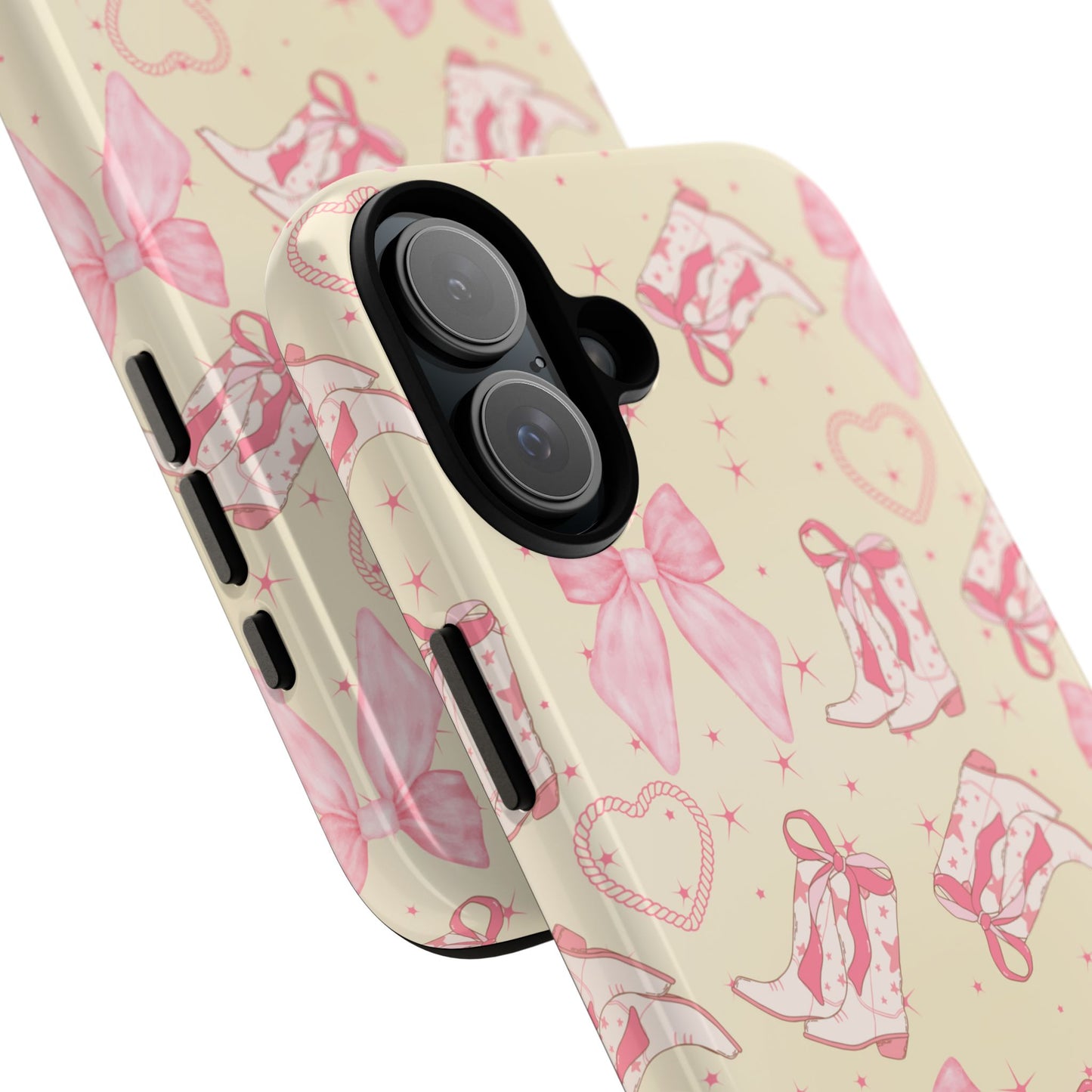 Custom Tough Protective Phone Case. Available for iPhone 8-15/X-XS, Samsung Galaxy S23-25 and Google Pixel 6-9 Coquette Pink Cowboy bow phone case