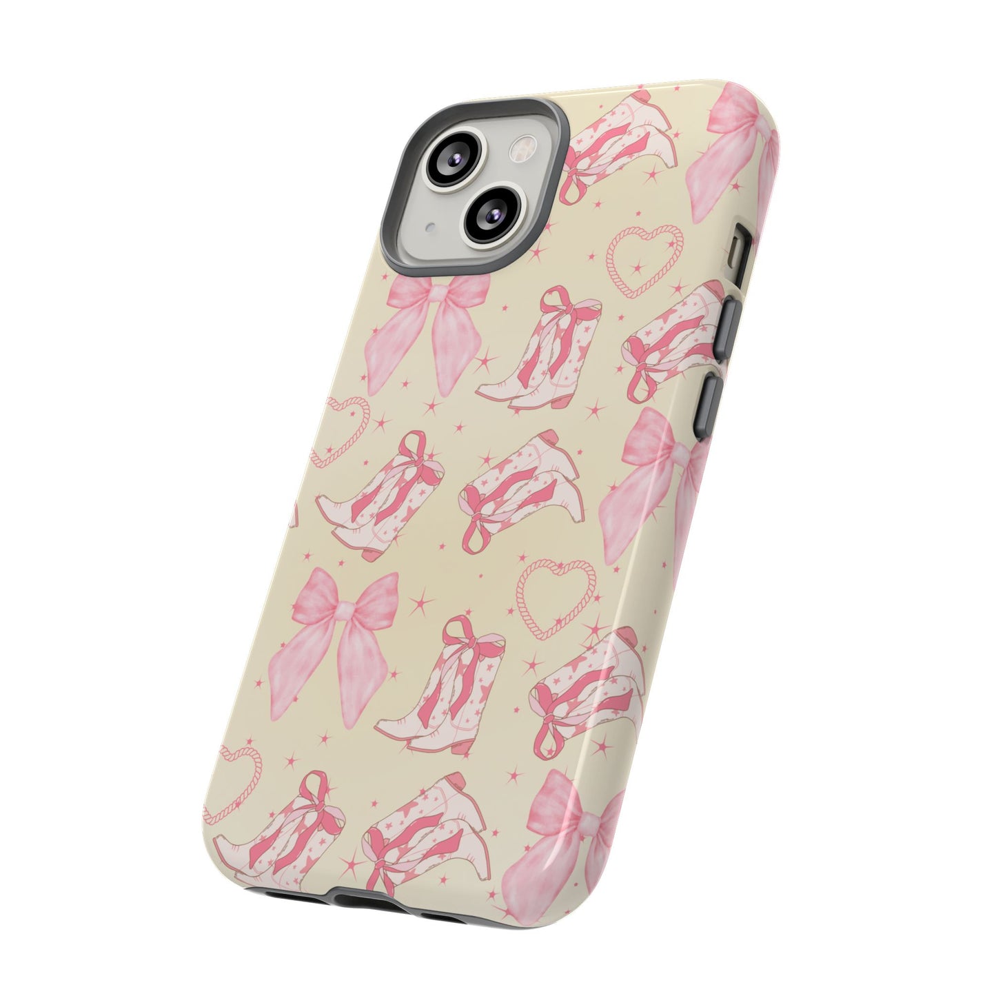 Custom Tough Protective Phone Case. Available for iPhone 8-15/X-XS, Samsung Galaxy S23-25 and Google Pixel 6-9 Coquette Pink Cowboy bow phone case