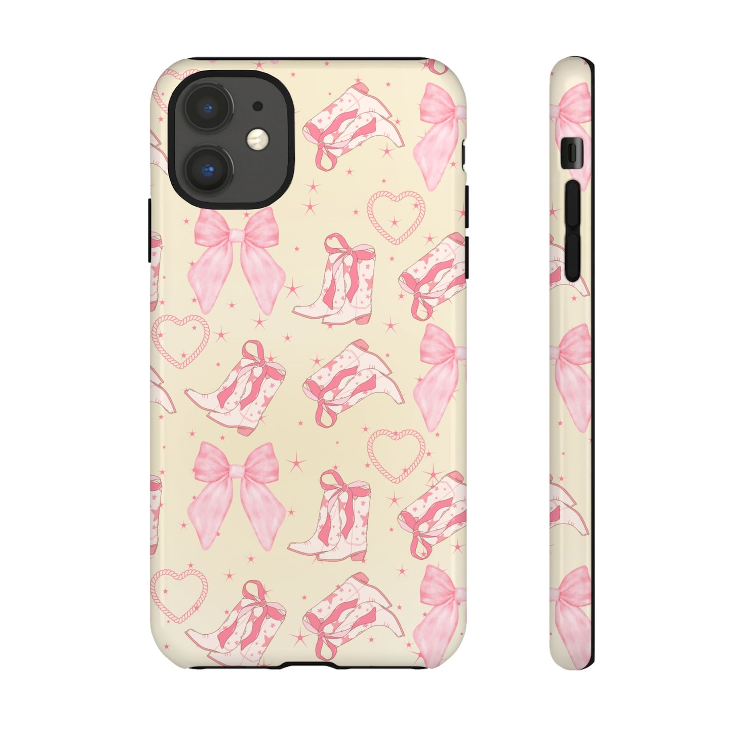 Custom Tough Protective Phone Case. Available for iPhone 8-15/X-XS, Samsung Galaxy S23-25 and Google Pixel 6-9 Coquette Pink Cowboy bow phone case