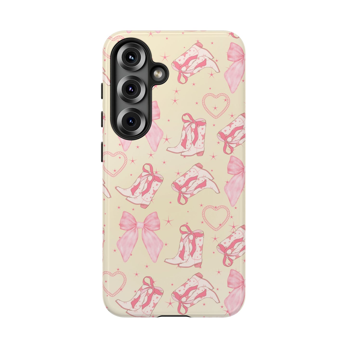 Custom Tough Protective Phone Case. Available for iPhone 8-15/X-XS, Samsung Galaxy S23-25 and Google Pixel 6-9 Coquette Pink Cowboy bow phone case