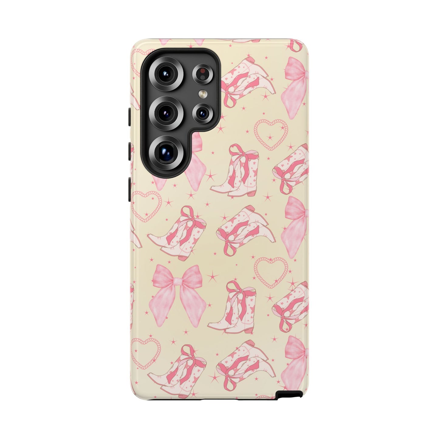 Custom Tough Protective Phone Case. Available for iPhone 8-15/X-XS, Samsung Galaxy S23-25 and Google Pixel 6-9 Coquette Pink Cowboy bow phone case