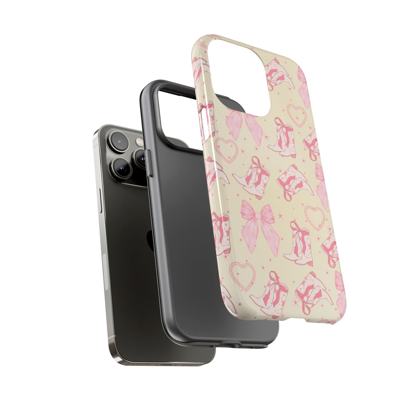Custom Tough Protective Phone Case. Available for iPhone 8-15/X-XS, Samsung Galaxy S23-25 and Google Pixel 6-9 Coquette Pink Cowboy bow phone case