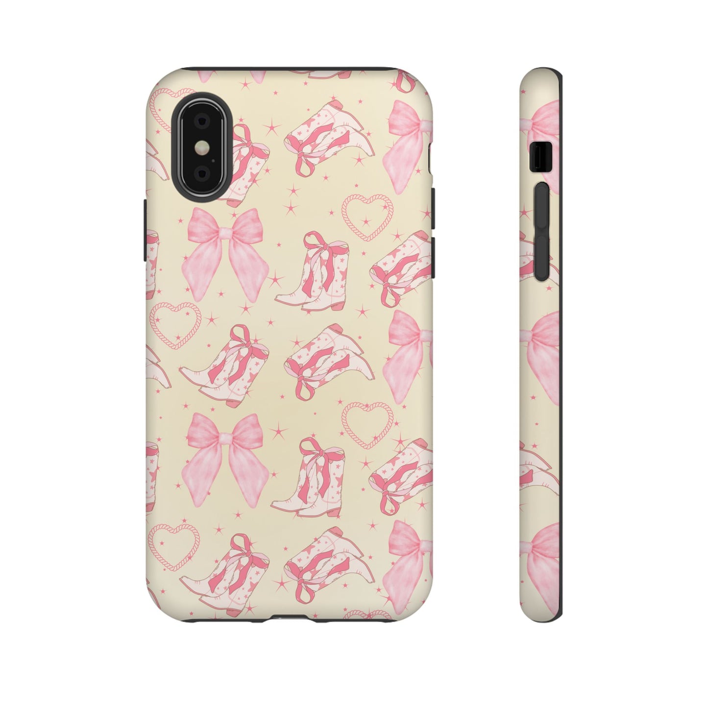Custom Tough Protective Phone Case. Available for iPhone 8-15/X-XS, Samsung Galaxy S23-25 and Google Pixel 6-9 Coquette Pink Cowboy bow phone case