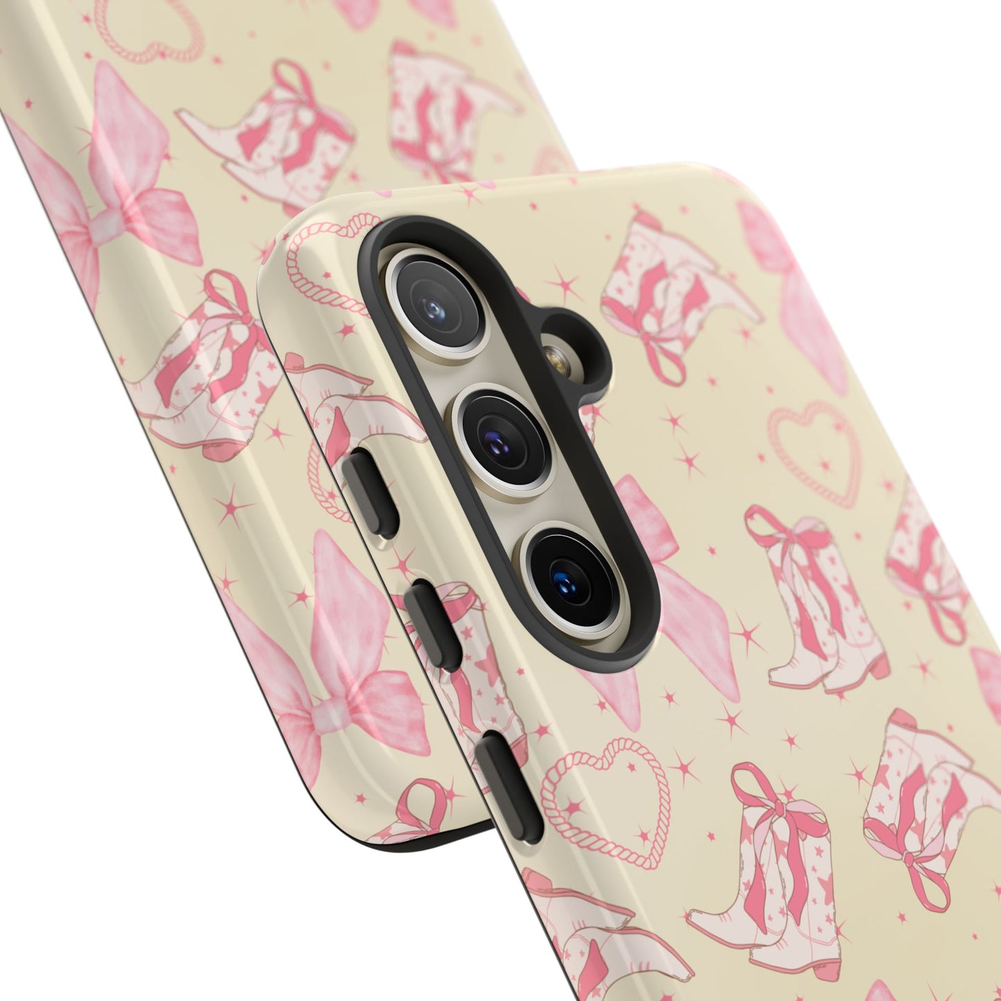 Custom Tough Protective Phone Case. Available for iPhone 8-15/X-XS, Samsung Galaxy S23-25 and Google Pixel 6-9 Coquette Pink Cowboy bow phone case