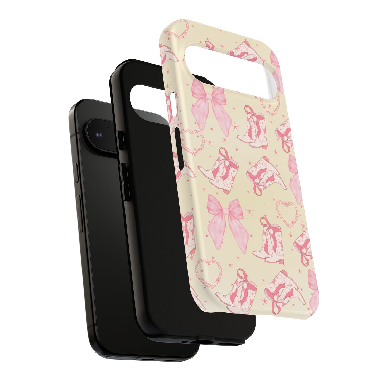 Custom Tough Protective Phone Case. Available for iPhone 8-15/X-XS, Samsung Galaxy S23-25 and Google Pixel 6-9 Coquette Pink Cowboy bow phone case