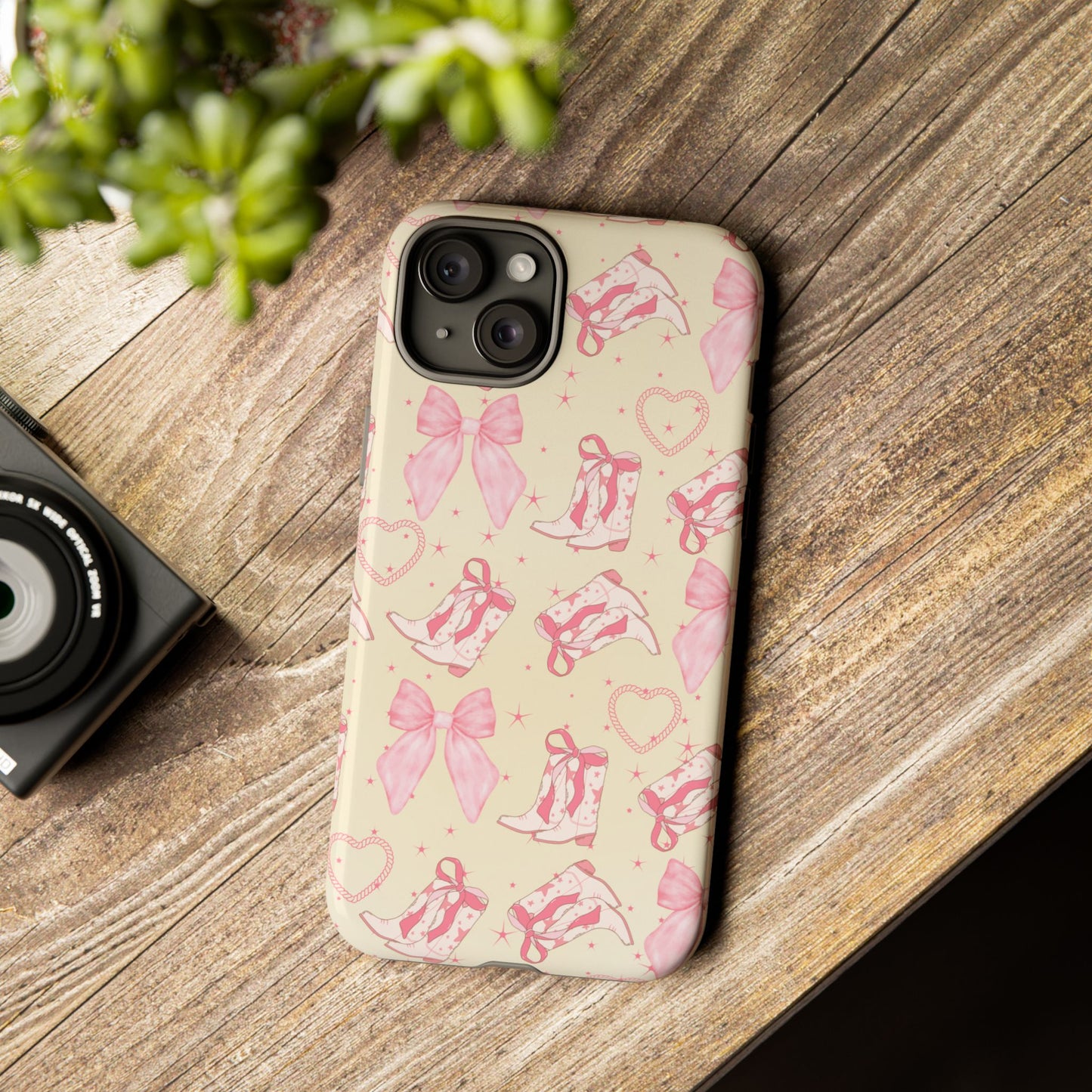 Custom Tough Protective Phone Case. Available for iPhone 8-15/X-XS, Samsung Galaxy S23-25 and Google Pixel 6-9 Coquette Pink Cowboy bow phone case