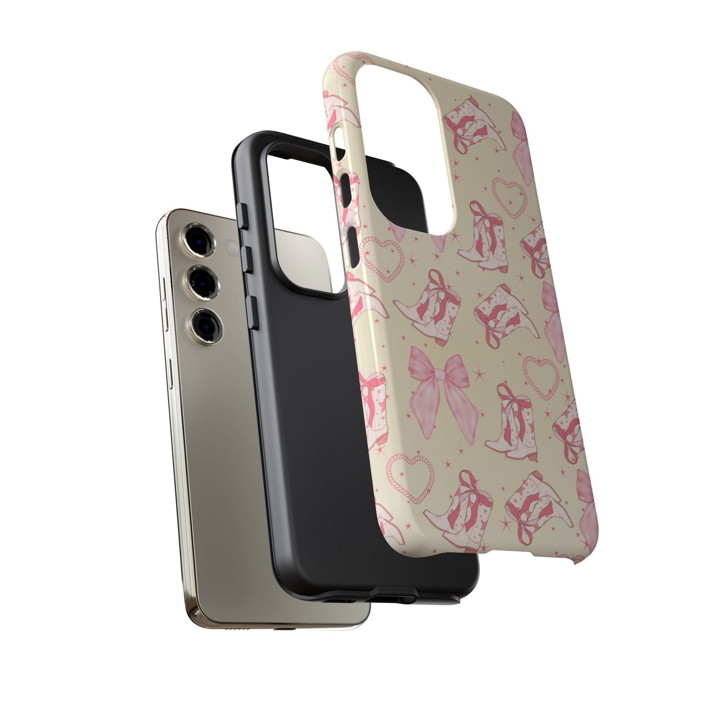 Custom Tough Protective Phone Case. Available for iPhone 8-15/X-XS, Samsung Galaxy S23-25 and Google Pixel 6-9 Coquette Pink Cowboy bow phone case