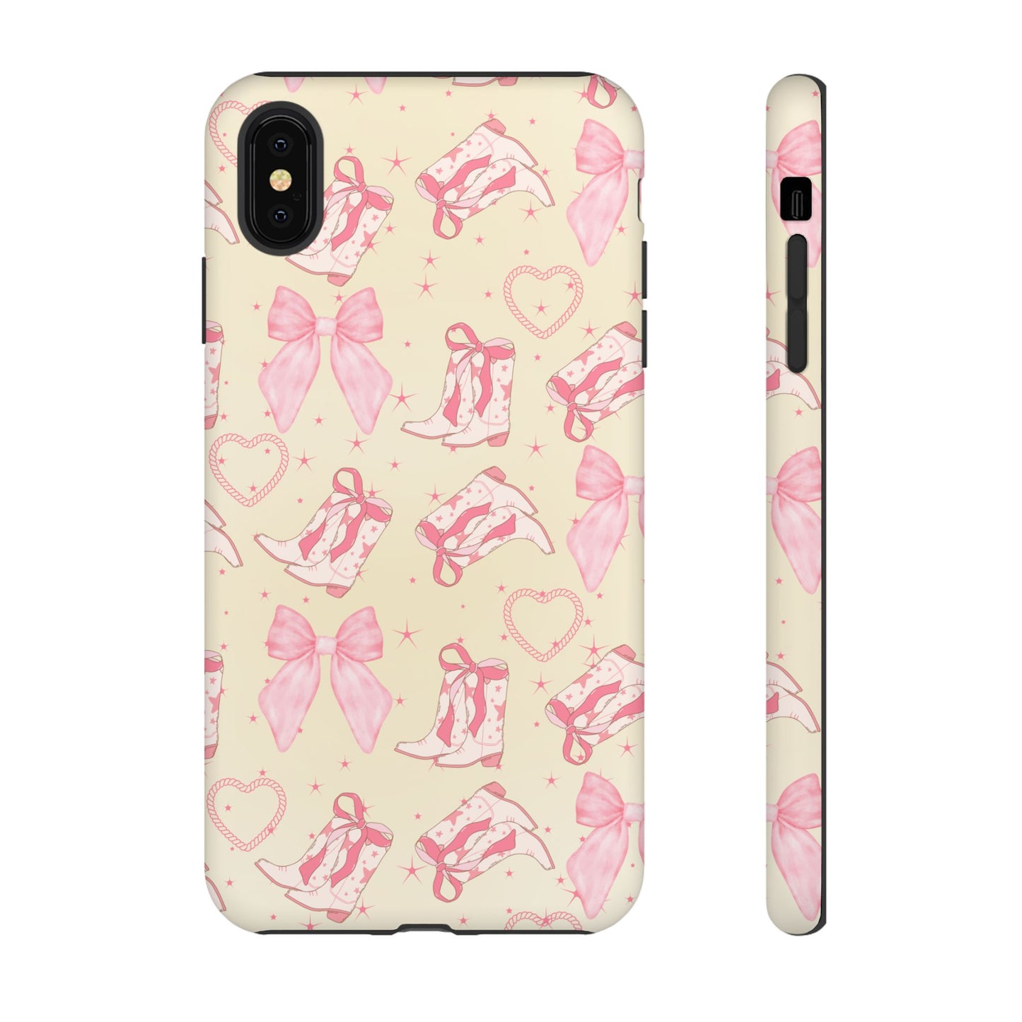 Custom Tough Protective Phone Case. Available for iPhone 8-15/X-XS, Samsung Galaxy S23-25 and Google Pixel 6-9 Coquette Pink Cowboy bow phone case
