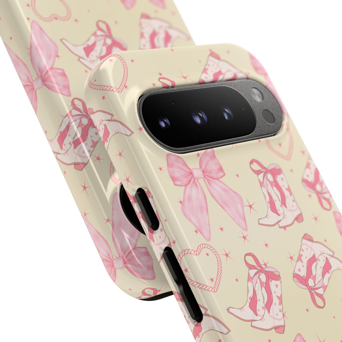 Custom Tough Protective Phone Case. Available for iPhone 8-15/X-XS, Samsung Galaxy S23-25 and Google Pixel 6-9 Coquette Pink Cowboy bow phone case
