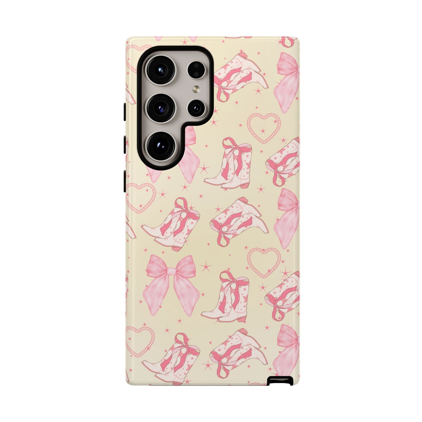 Custom Tough Protective Phone Case. Available for iPhone 8-15/X-XS, Samsung Galaxy S23-25 and Google Pixel 6-9 Coquette Pink Cowboy bow phone case