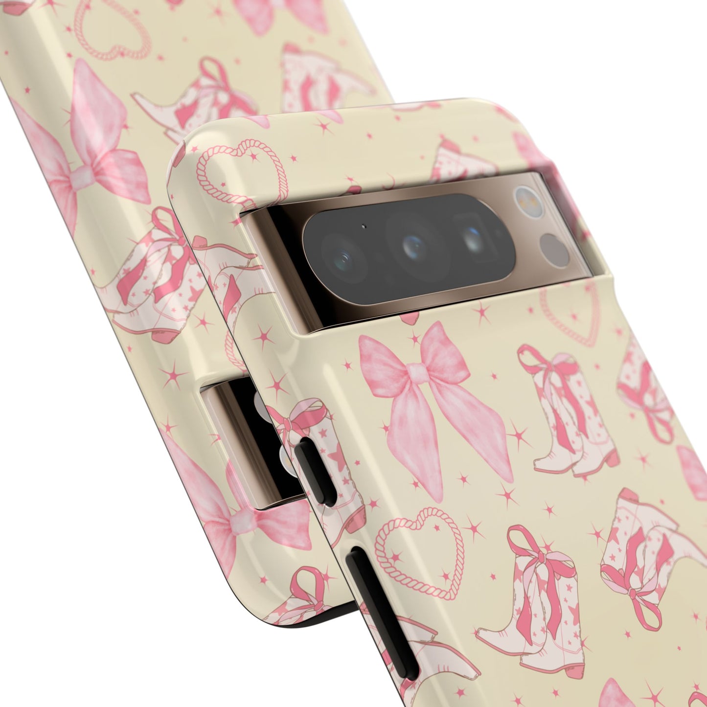 Custom Tough Protective Phone Case. Available for iPhone 8-15/X-XS, Samsung Galaxy S23-25 and Google Pixel 6-9 Coquette Pink Cowboy bow phone case