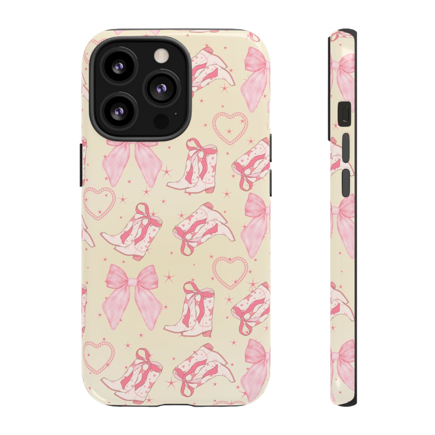 Custom Tough Protective Phone Case. Available for iPhone 8-15/X-XS, Samsung Galaxy S23-25 and Google Pixel 6-9 Coquette Pink Cowboy bow phone case