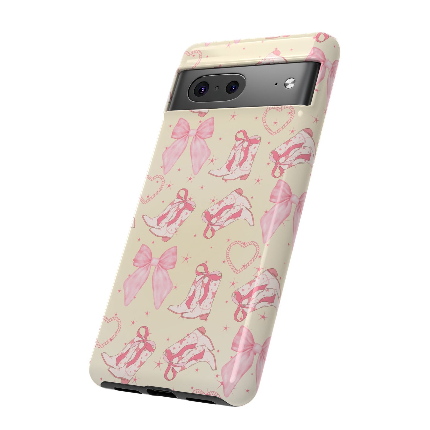 Custom Tough Protective Phone Case. Available for iPhone 8-15/X-XS, Samsung Galaxy S23-25 and Google Pixel 6-9 Coquette Pink Cowboy bow phone case