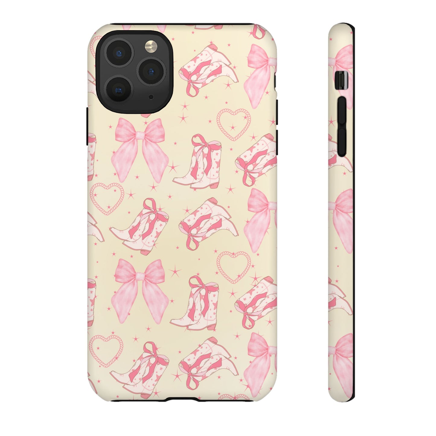 Custom Tough Protective Phone Case. Available for iPhone 8-15/X-XS, Samsung Galaxy S23-25 and Google Pixel 6-9 Coquette Pink Cowboy bow phone case