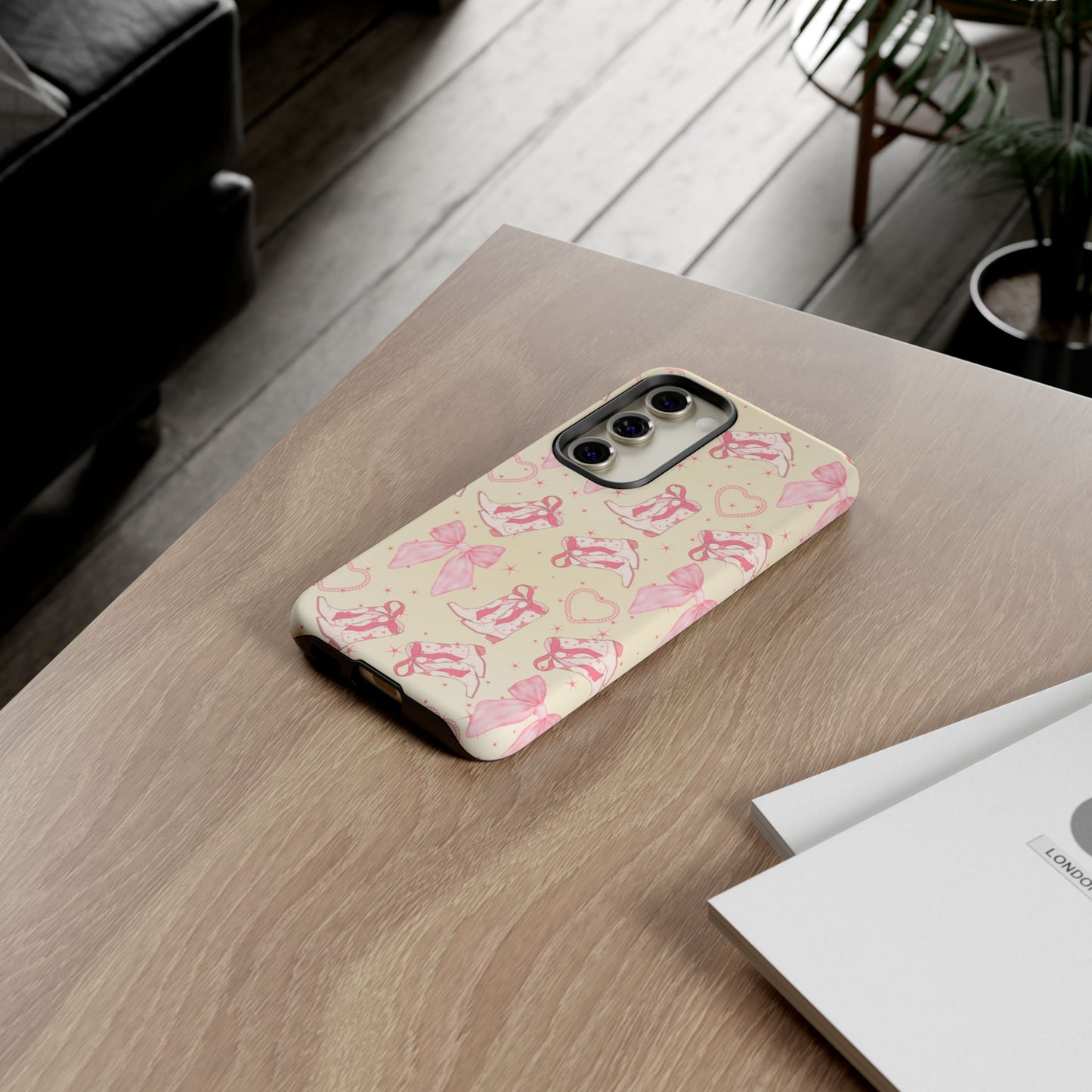 Custom Tough Protective Phone Case. Available for iPhone 8-15/X-XS, Samsung Galaxy S23-25 and Google Pixel 6-9 Coquette Pink Cowboy bow phone case