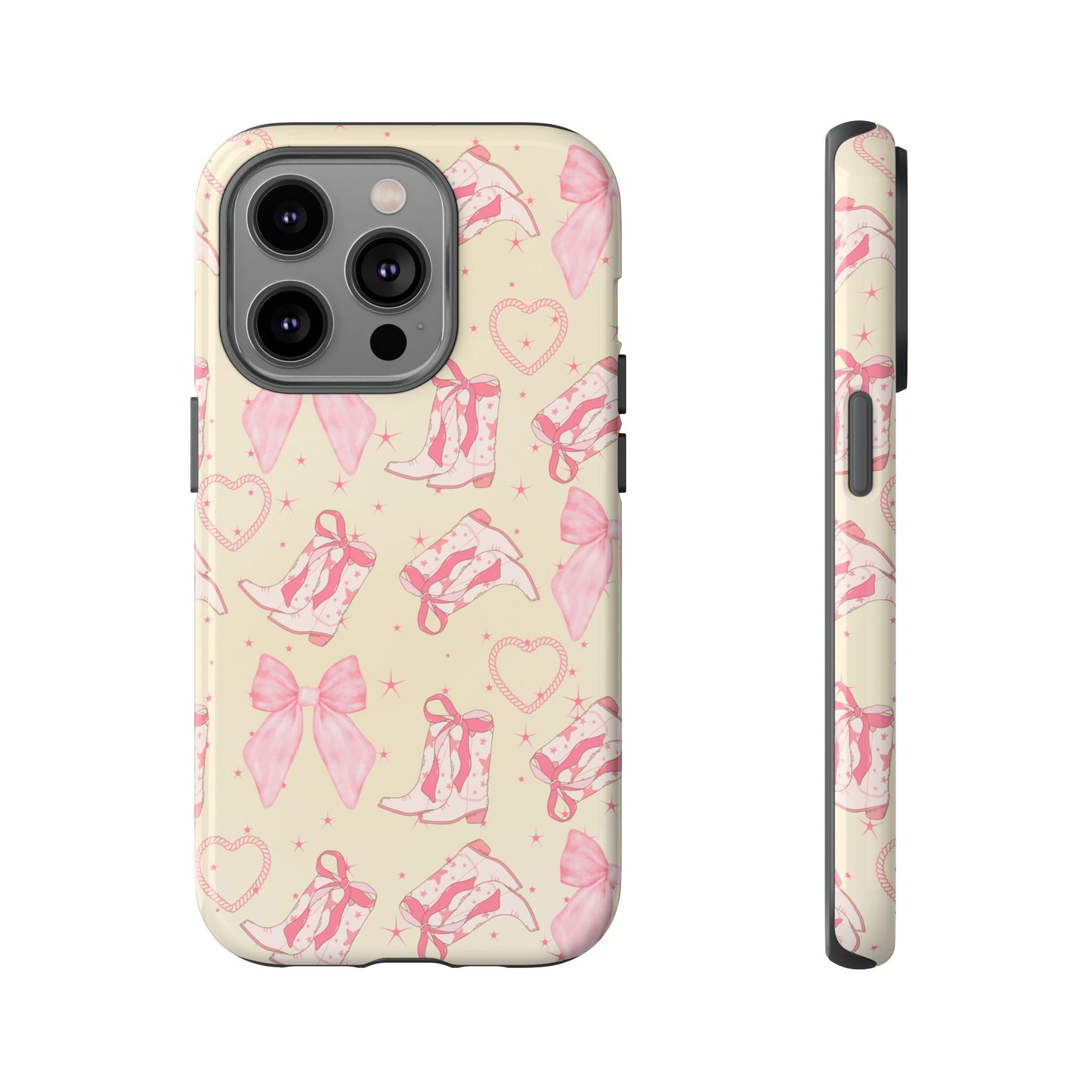 Custom Tough Protective Phone Case. Available for iPhone 8-15/X-XS, Samsung Galaxy S23-25 and Google Pixel 6-9 Coquette Pink Cowboy bow phone case
