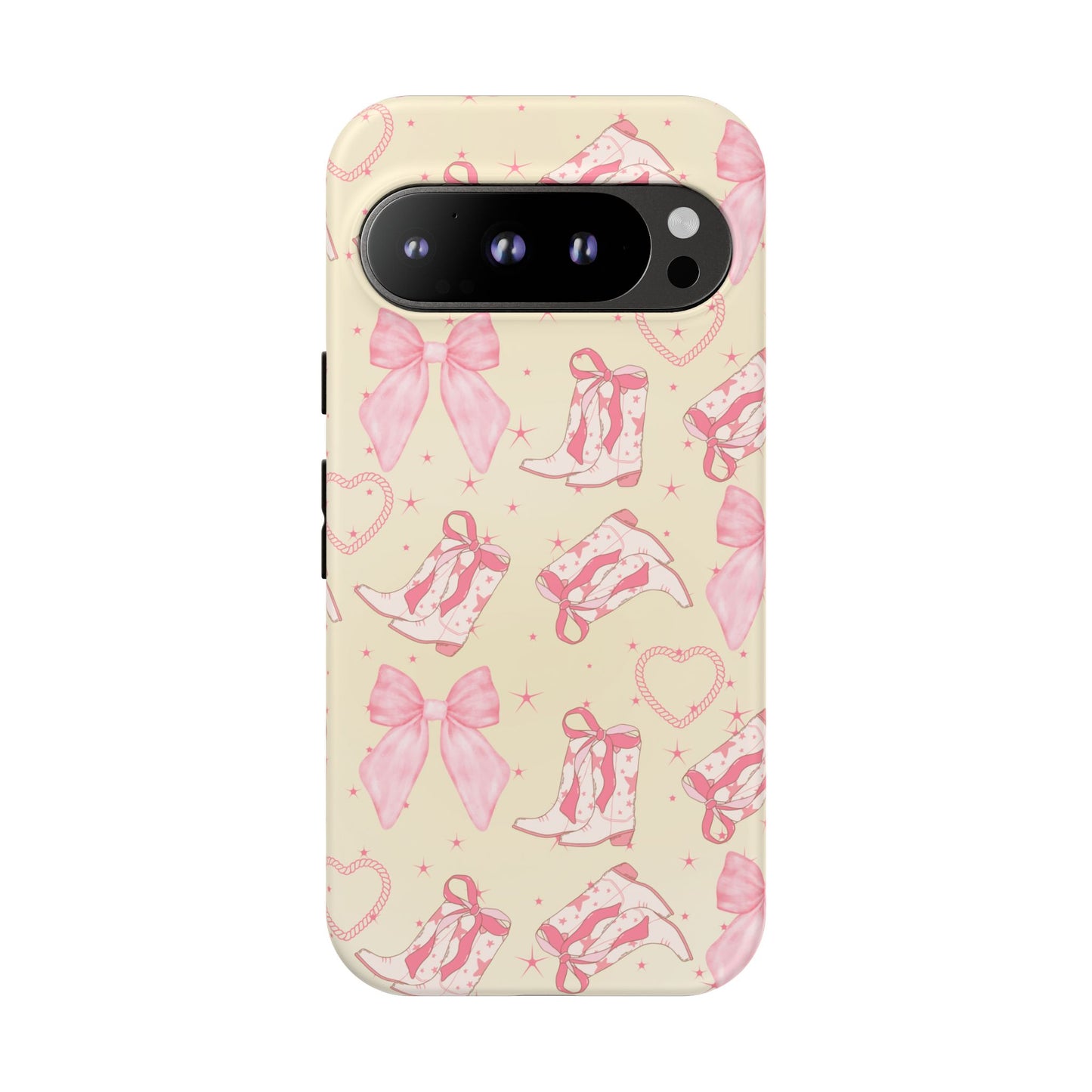 Custom Tough Protective Phone Case. Available for iPhone 8-15/X-XS, Samsung Galaxy S23-25 and Google Pixel 6-9 Coquette Pink Cowboy bow phone case