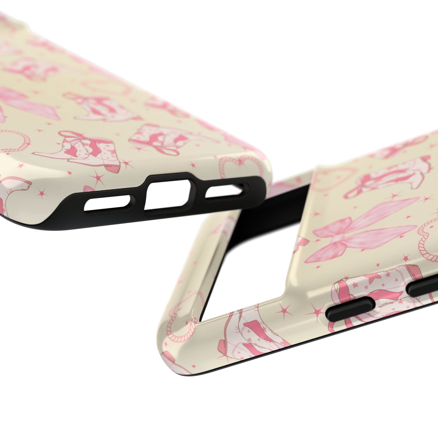 Custom Tough Protective Phone Case. Available for iPhone 8-15/X-XS, Samsung Galaxy S23-25 and Google Pixel 6-9 Coquette Pink Cowboy bow phone case