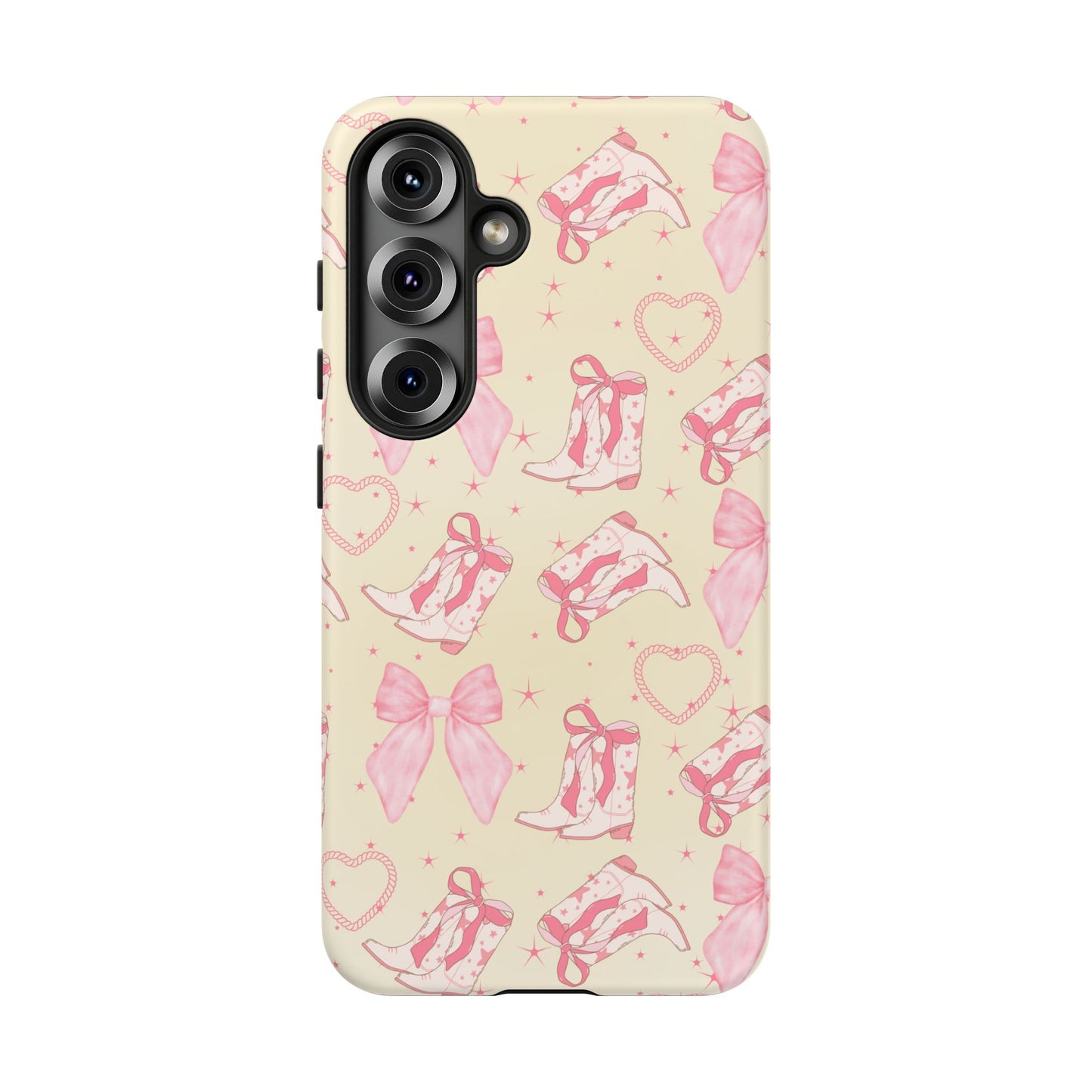 Custom Tough Protective Phone Case. Available for iPhone 8-15/X-XS, Samsung Galaxy S23-25 and Google Pixel 6-9 Coquette Pink Cowboy bow phone case