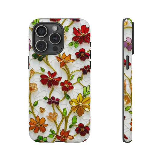 Custom Tough Protective Phone Case. Available for iPhone 8-15/X-XS, Samsung Galaxy S23-25 and Google Pixel 6-9 Faux stained glass flowers pearl Phone Case