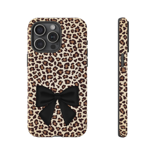 Custom Tough Protective Phone Case. Available for iPhone 8-15/X-XS, Samsung Galaxy S23-25 and Google Pixel 6-9 Leopard print bow phone case