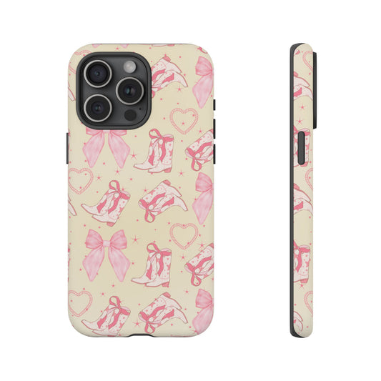 Custom Tough Protective Phone Case. Available for iPhone 8-15/X-XS, Samsung Galaxy S23-25 and Google Pixel 6-9 Coquette Pink Cowboy bow phone case