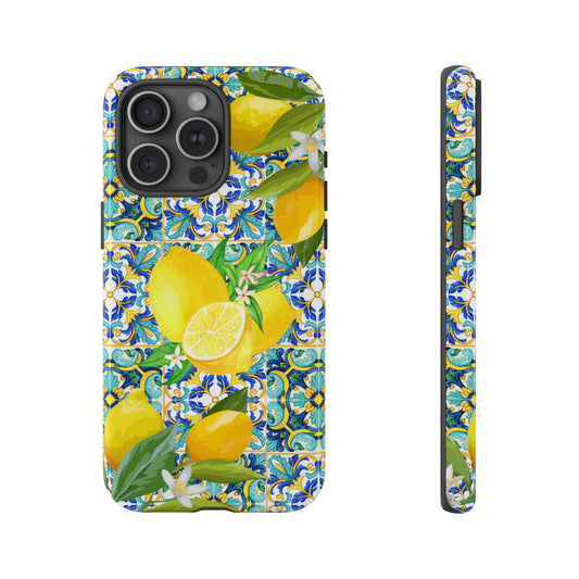 Custom Tough Protective Phone Case. Available for iPhone 8-15/X-XS, Samsung Galaxy S23-25 and Google Pixel 6-9 Mediterranean tile and lemon Phone Case