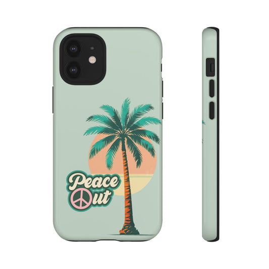 Custom Tough Protective Phone Case. Available for iPhone 8-15/X-XS, Samsung Galaxy S23-25 and Google Pixel 6-9 Holiday Palm Tree Peace Out Phone Case