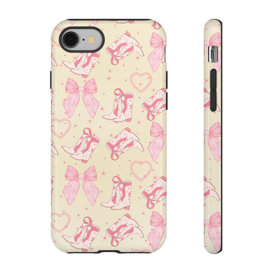 Custom Tough Protective Phone Case. Available for iPhone 8-15/X-XS, Samsung Galaxy S23-25 and Google Pixel 6-9 Coquette Pink Cowboy bow phone case